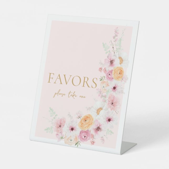 Pink Floral Favours Bridal Shower Pedestal Sign (Front)