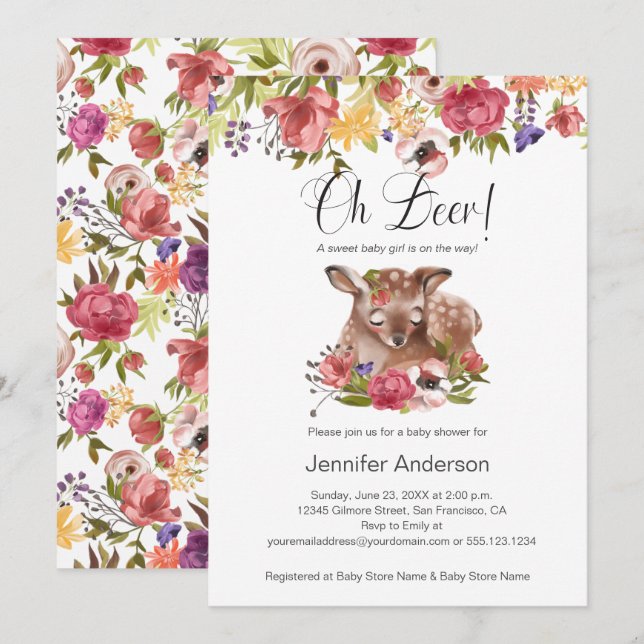 Pink Floral Fawn Oh Deer Girl Baby Shower Invitation (Front/Back)