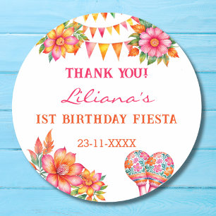 Pink Floral Fiesta 1st Birthday Thank You Classic Round Sticker