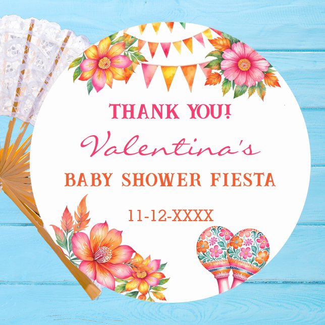 Pink Floral Fiesta Baby Shower Thank You Classic Round Sticker (Creator Uploaded)