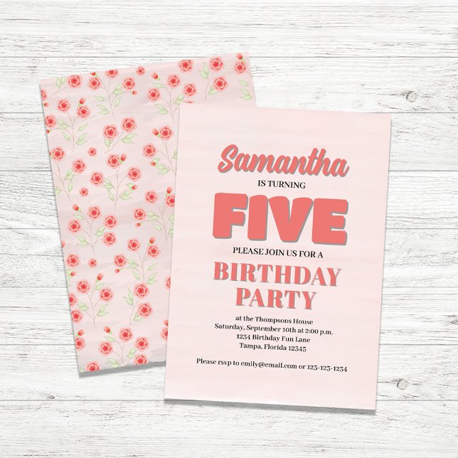 Pink Floral Fifth Birthday Girl Party Template (Pink Girl Birthday Party Custom Invitations.)