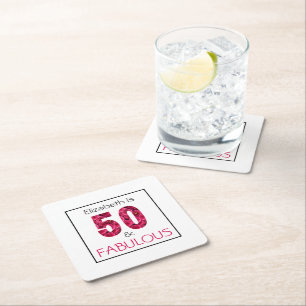 Pink Floral Fifty and Fabulous 50th Birthday  Square Paper Coaster