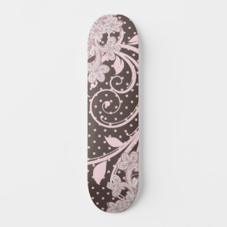 Pink Floral Filigree on Polka Dot Swirls Skateboard