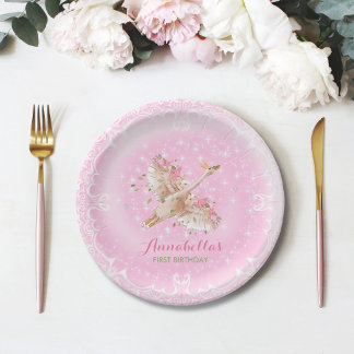 Pink Floral First Birthday Fairytale Swan  Paper Plate