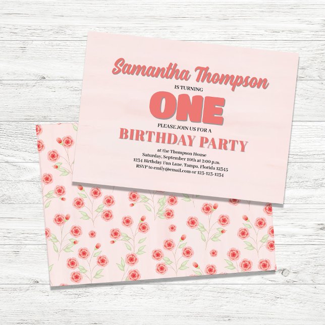 Pink Floral First Birthday Girl Party Template (First Birthday Girls Party Custom Invitations.)