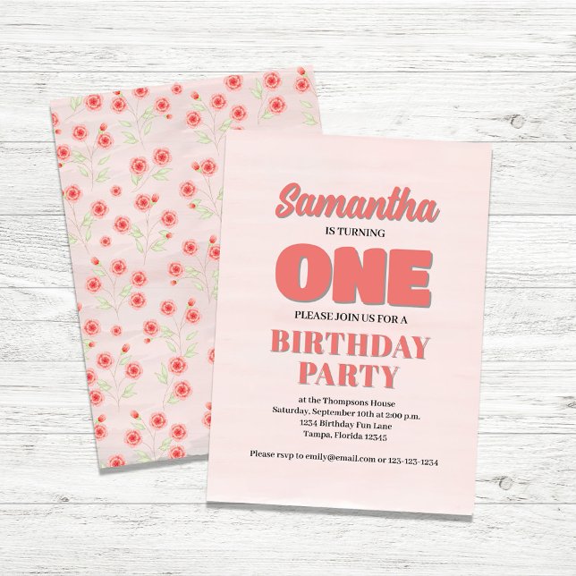 Pink Floral First Birthday Girl Party Template (Pink Girls First birthday invitation template. )