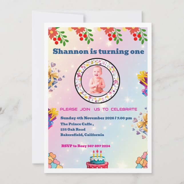 Pink Floral First Birthday Invitations (Front)