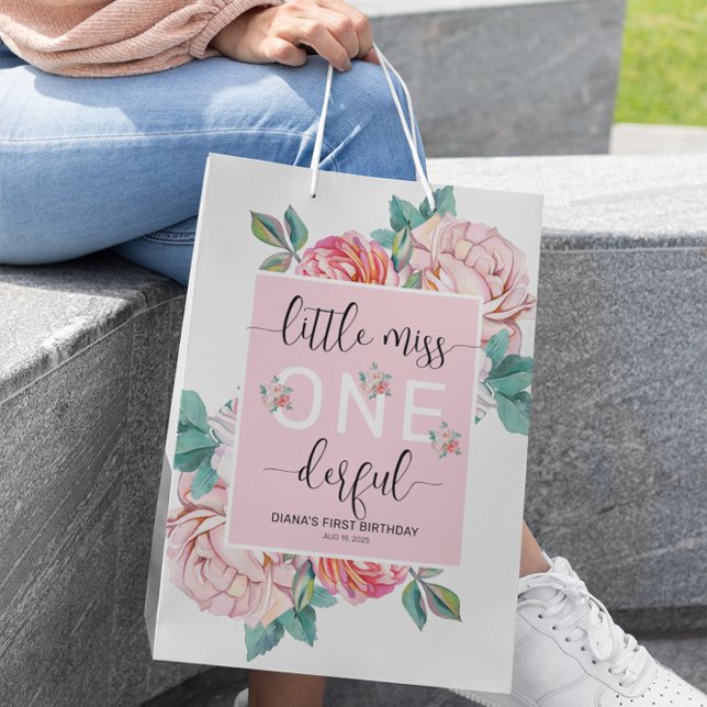Pink Floral First Birthday  Medium Gift Bag (Creator Uploaded)