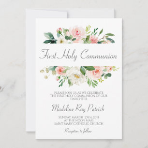 Pink Floral First Communion Invitation