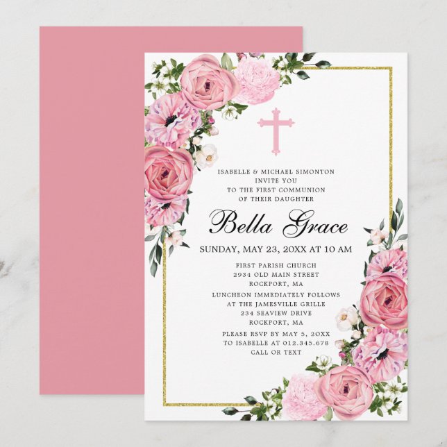 Pink Floral First Communion Invitation (Front/Back)