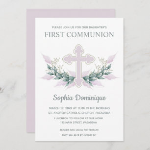 Pink Floral First Communion Invitations