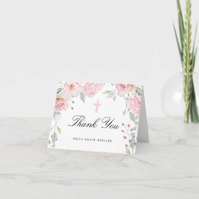 Pink Floral First Communion Photo Thank You Card (Front)