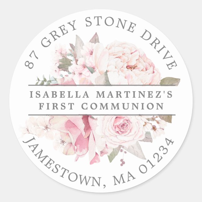 Pink Floral First Communion Return Address Label (Front)