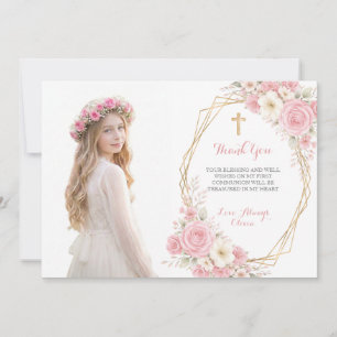 Pink Floral First Communion Thank You Card 