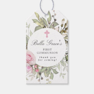 Pink Floral First Communion Thank You Gift Tags
