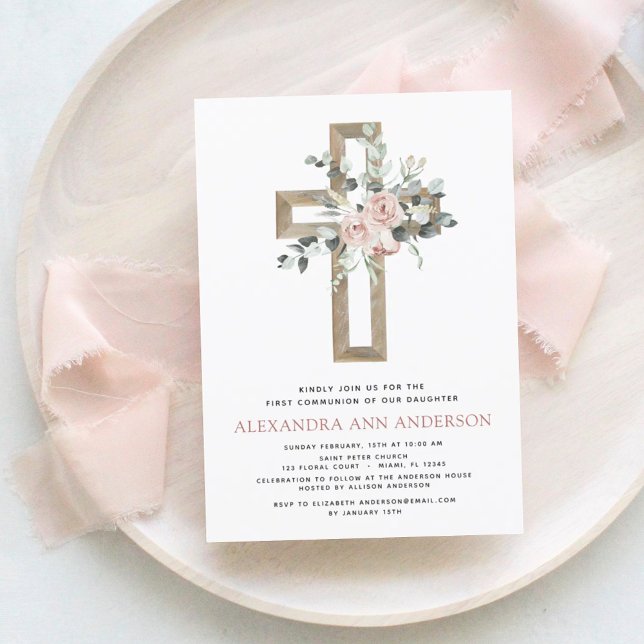 Pink Floral First Holy Communion Euclayptus Invitation (Creator Uploaded)