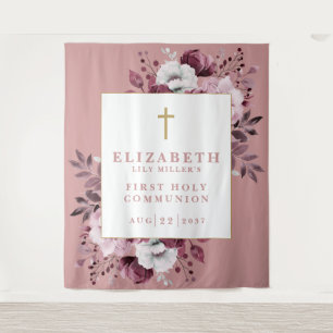 Pink Floral First Holy Communion Photo Backdrop Tapestry