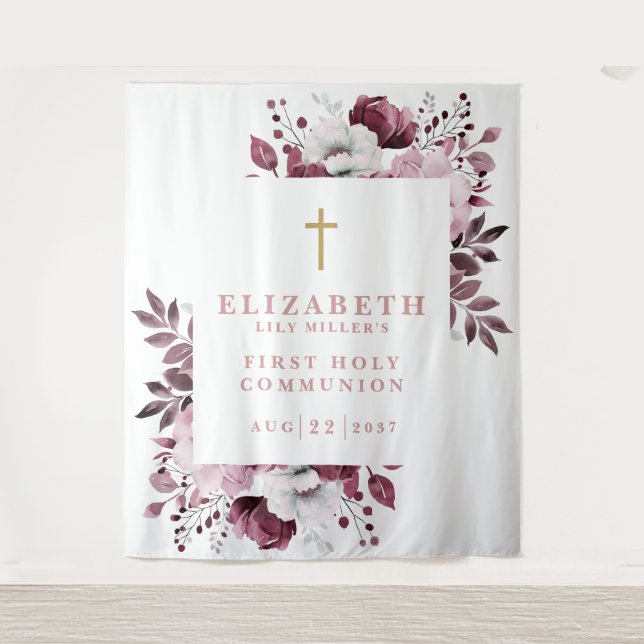Pink Floral First Holy Communion Photo Backdrop Tapestry (Front)