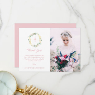Pink Floral First Holy Communion Photo Thank You Card
