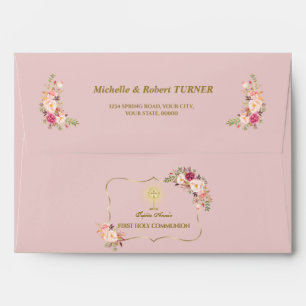 Pink Floral First Holy Communion Return Address Envelope