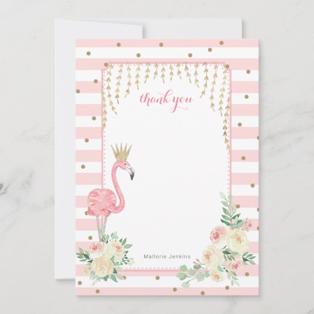 Pink Floral Flamingo with crown thank you card (Front)
