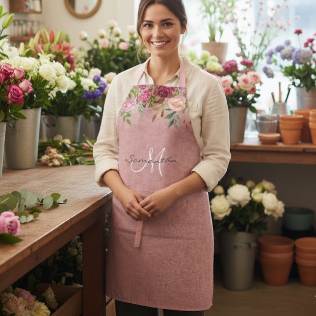 Pink Floral Flower Prettry Monogram Apron (Creator Uploaded)