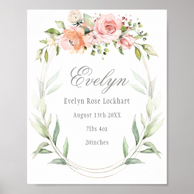 Pink Floral Foliage Baby Birth Announcement Sign (Front)