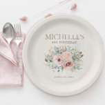 Pink Floral Foliage Glitter 40th Birthday Paper Plate<br><div class="desc">Elegant, custom birthday party paper plates. Decorated with beautiful blush pink watercolor flowers and sage green leaves on a sparkling glittery gold background. Personalised with the name of the guest of honour and her party date. Contact me for assistance with customisation or to request matching or coordinating Zazzle products for...</div>