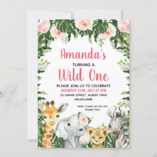 Pink Floral Foliage Safari Girls Wild One Invitation