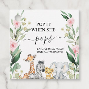 Pink Floral Foliage Safari Pop It Baby Shower Favour Tags