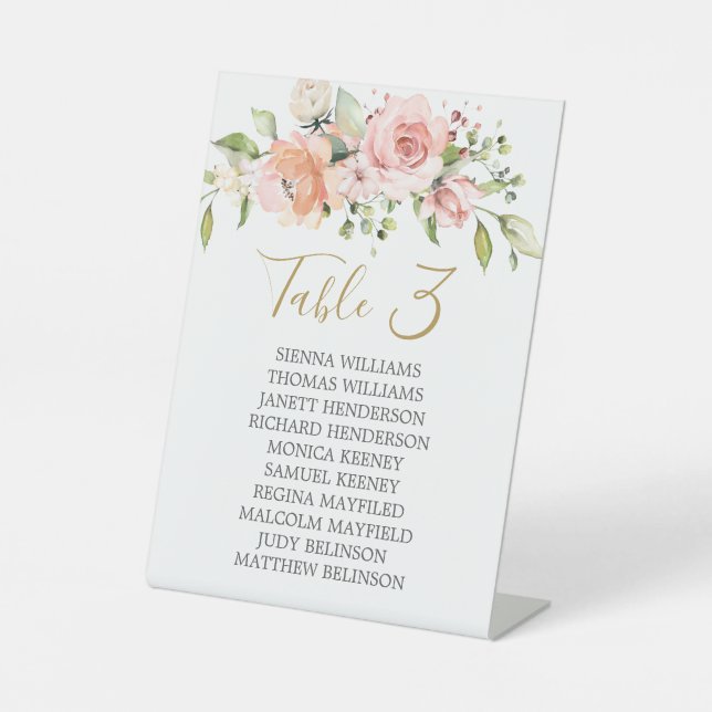 Pink Floral Foliage Seating Chart Table Numbers Pedestal Sign (Front)