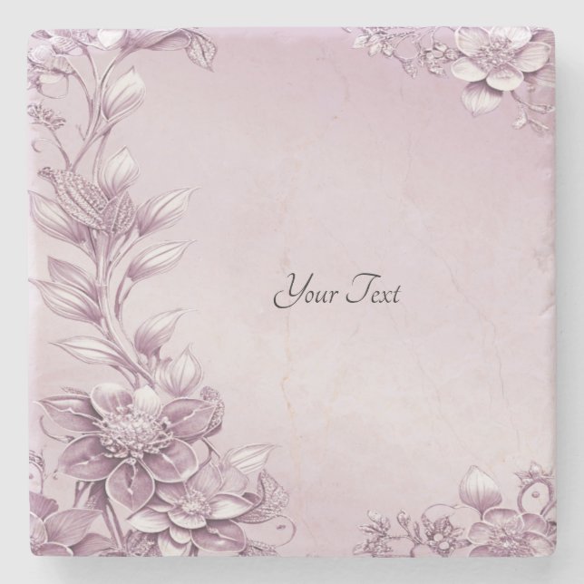 Pink Floral Foliage Stone Coaster (Front)