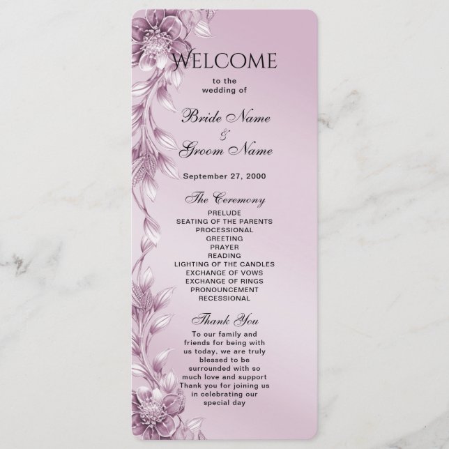 Pink Floral Foliage Wedding Program Programme (Front)