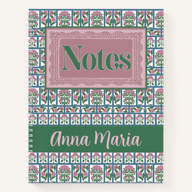 Pink Floral Folk Art Quilt Pattern Notebook (Front)