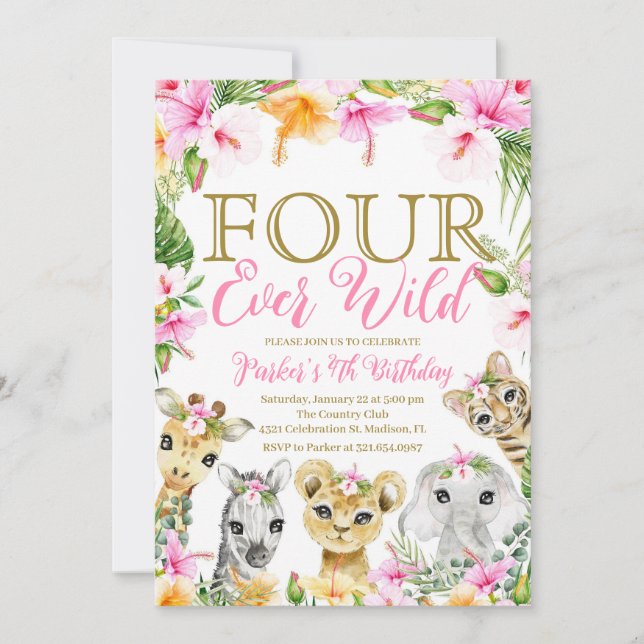 Pink Floral Four Ever Wild Jungle Birthday Girl Invitation (Front)