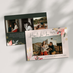 Pink Floral Four Photo Happy New Year Holiday Card