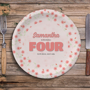 Pink Floral Fourth Birthday Girl Party Custom Paper Plate