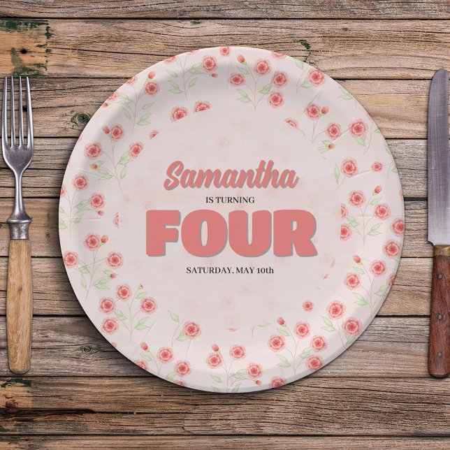 Pink Floral Fourth Birthday Girl Party Custom Paper Plate (Cute pink floral custom party paper plates. )