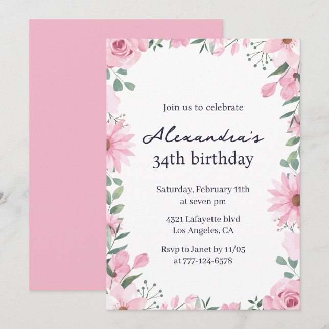 Pink Floral Frame 34th birthday invitations  (Front/Back)