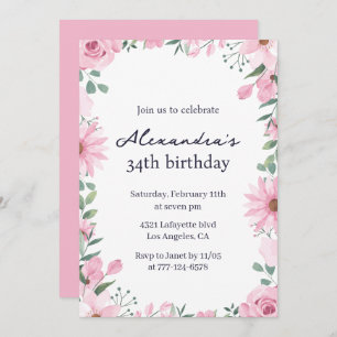 Pink Floral Frame 34th birthday invitations 