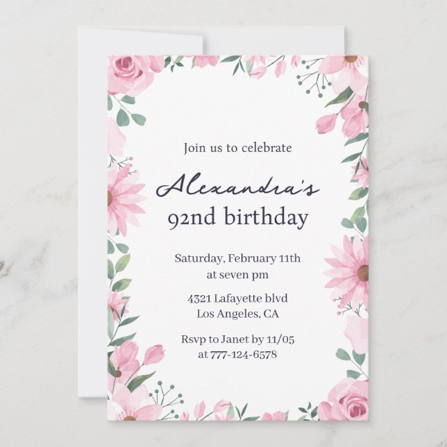 Pink Floral Frame 92nd birthday Invitation (Front)