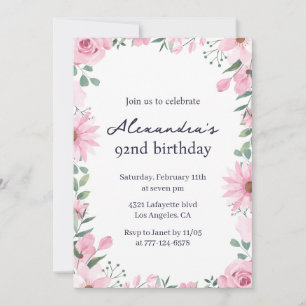 Pink Floral Frame 92nd birthday Invitation