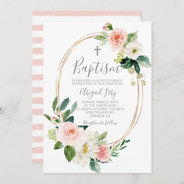 Pink Floral Frame Baptism Invitation (Front/Back)
