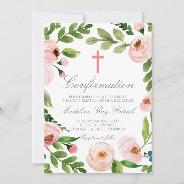 Pink Floral Frame Confirmation  Invitation (Front)