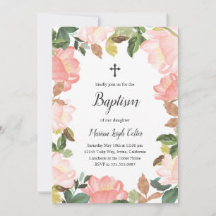 Pink Floral Frame Elegant Baptism Invitation