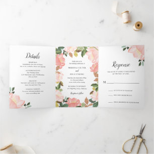 Pink Floral Frame Elegant Wedding Tri-Fold Invitation
