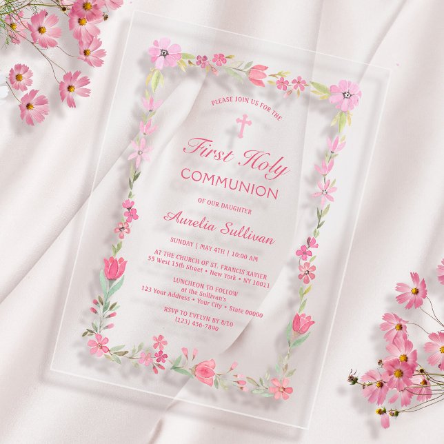Pink Floral Frame First Communion Clear Acrylic Invitations (Creator Uploaded)