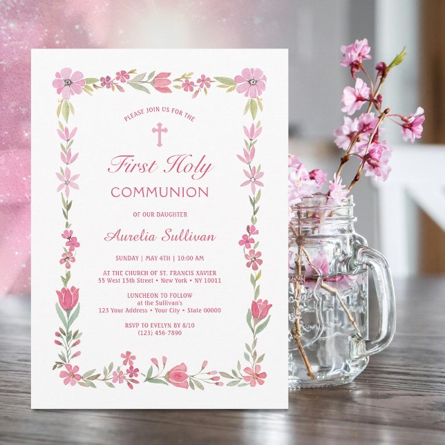 Pink Floral Frame First Communion Invitation (Creator Uploaded)