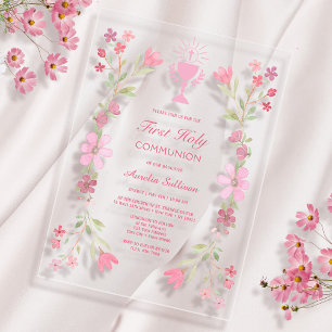 Pink Floral Frame First Holy Communion Clear Acrylic Invitations