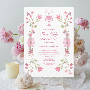 Pink Floral Frame First Holy Communion Invitation